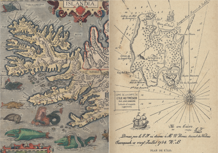 Carte de l’Islande d’Abraham Ortellus établie en 1603 et plan de l’île au trésor de Stevenson  (1885) : quelle est la plus fantaisiste ?  (collections BNU)