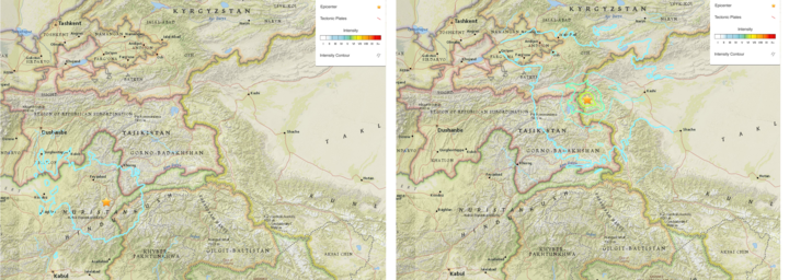 Comparaison de deux séismes de magnitude identique (6.6) dans la région du Pamir. Le plus profond (187 km, à gauche) ne génère que des intensités faibles comparativement à celui de droite survenu à 17 km de profondeur. Outre la profondeur, des effets de site tels que les caractéristiques géomécaniques du sol ou le contexte topographique peuvent aggraver ou au contraire atténuer la sévérité de la secousse ressentie. Crédit : USGS 